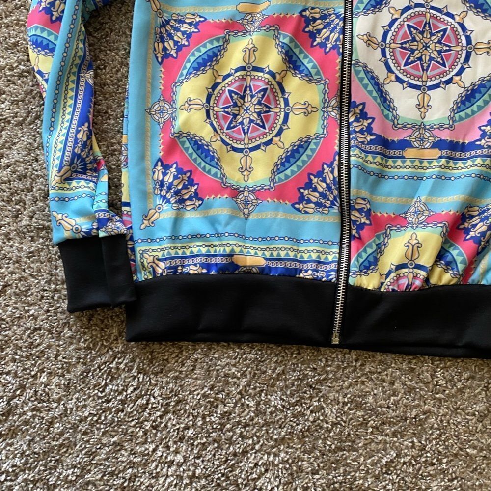 💼Light Wear Summer Bomber Jacket, Paisley Chain Print, Zip Front - Picture 12 of 13